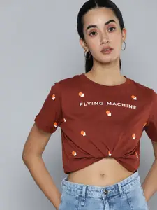 Flying Machine Women Maroon & White Brand Logo Printed Pure Cotton T-shirt