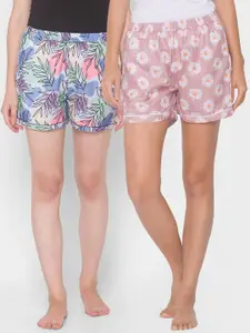 FashionRack Set Of 2 Women Pink & Blue Printed Lounge Shorts