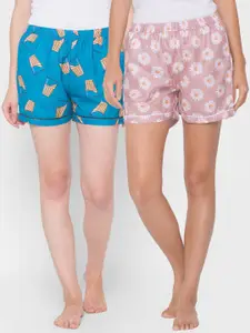FashionRack Women Pack Of 2 Pink & Blue Printed Lounge Shorts