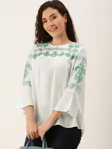 Flying Machine Women White & Green Embroidered Top
