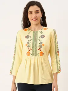 Flying Machine Women Cream-Coloured Floral Embroidered Peplum Top