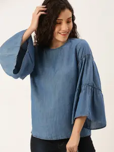 Flying Machine Women Blue Solid Flare Sleeved Casual Top