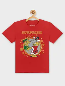 Kids Ville Boys Red Tom & Jerry Christmas Printed Applique T-shirt