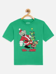 Kids Ville Boys Green Tom & Jerry Christmas Printed T-shirt