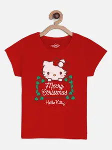 Kids Ville Girls Red Hello Kitty Christmas  Printed Cotton T-shirt