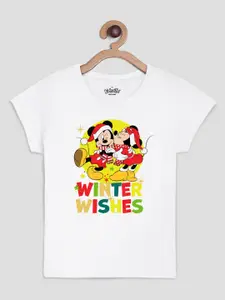 Kids Ville Girls White Mickey & Friends Christmas Printed Cotton T-shirt