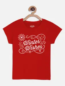 Kids Ville Mickey & Friends Girls Red & White Printed Cotton T-shirt