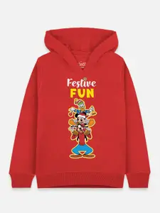 Kids Ville Mickey & Friends Girls Red Printed Hooded Cotton Sweatshirt