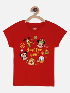 Kids Ville Girls Red Mickey And Friends Christmas Printed T-shirt