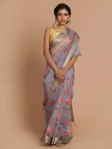 Indethnic Lavender & Red Floral Zari Organza Banarasi Saree