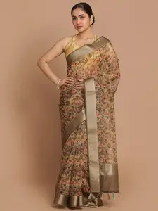 Indethnic Olive Green & Red Floral Organza Banarasi Saree