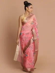 Indethnic Pink & Blue Floral Zari Banarasi Organza Saree