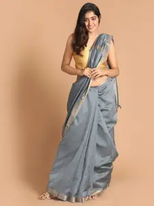 Indethnic Grey & Gold-Toned Zari Silk Cotton Banarasi Saree