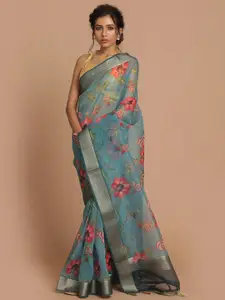 Indethnic Teal & Red Floral Zari Organza Banarasi Saree