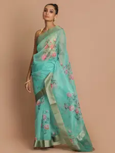 Indethnic Blue & Gold-Toned Floral Zari Organza Banarasi Saree