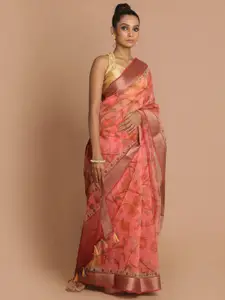 Indethnic Maroon Floral Zari Organza Banarasi Saree