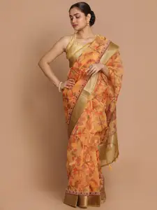 Indethnic Coral & Gold Floral Zari Organza Banarasi Saree