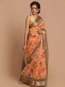 Indethnic Orange & Red Floral Zari Organza Banarasi Saree