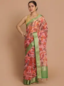 Indethnic Pink & Green Floral Zari Organza Banarasi Saree
