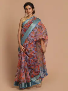Indethnic Women Blue Printed Banarasi Saree