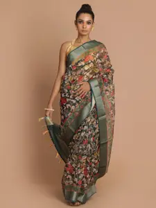 Indethnic Green & Red Floral Printed Zari Organza Banarasi Saree