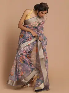 Indethnic Grey & Green Floral Organza Banarasi Saree