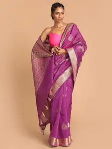 Indethnic Purple & Gold-Toned Woven Design Zari Banarasi Saree