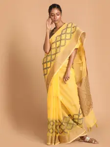 Indethnic Yellow & Green Ethnic Motifs Zari Organza Banarasi Saree
