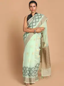 Indethnic Green Woven Design Zari Organza Banarasi Saree