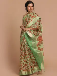 Saranee Green & Red Floral Zari Organza Banarasi Saree