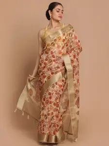 Indethnic Women Beige Printed Banarasi Saree