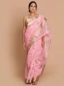 Indethnic Pink & Blue Floral Zari Organza Banarasi Saree