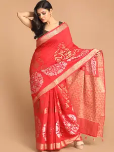 Indethnic Red & Gold-Toned Floral Zari Banarasi Saree
