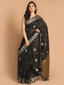 Indethnic Women Black Woven Design Banarasi Saree