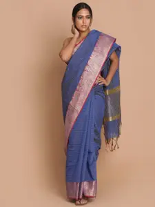 Indethnic Navy Blue & Silver-Toned Ethnic Motifs Zari Banarasi Saree