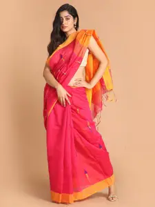 Indethnic Pink & Yellow Woven Design Jamdani Saree