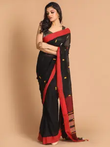 Indethnic Black & Red Woven Design Pure Cotton Jamdani Saree