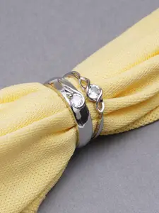 KARATCART Unisex Silver-Toned 2 Crystal Studded Couple Adjustable Rings