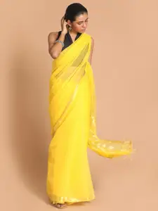 Indethnic Yellow & Gold Embellished Sequinned Jamdani Saree