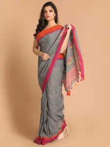 Indethnic Grey & Magenta Woven Design Pure Cotton Jamdani Saree