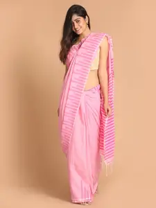 Indethnic Women Pink Striped Design Pure Cotton Jamdani Saree
