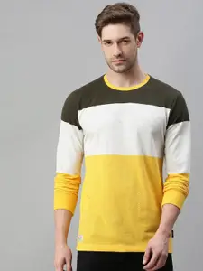 SHOWOFF Men White & Yellow Colourblocked Cotton Sweatshirt