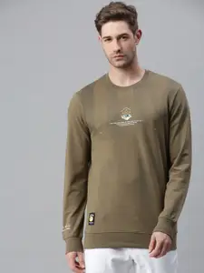 SHOWOFF Men Olive Green Printed Cotton Sweatshirt