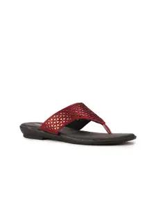 Bata Women Red Embellished T-Strap Flats with Laser Cuts