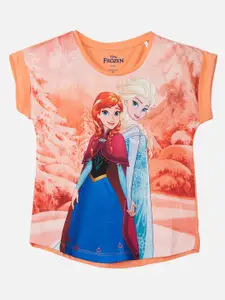 Kids Ville Girls Peach-Coloured Frozen Printed Extended Sleeves Pure Cotton T-shirt