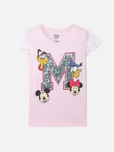 Kids Ville Mickey & Friends Featured Girls Pink Embellished Pure Cotton T-shirt