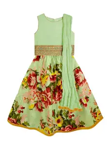A.T.U.N. A T U N Girls Sea Green & Red Embellished Ready to Wear Lehenga & Blouse With Dupatta