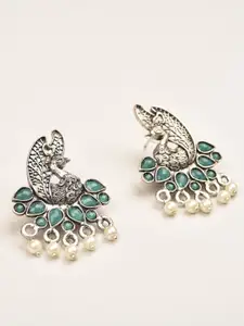Indi INSIDE Silver-Toned & Green Oxidised Drop Earrings