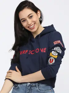 Tokyo Talkies Women Navy Blue Printed Hooded Sweatshirt