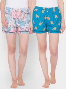 FashionRack Women Pack of 2 Blue & Pink Printed Cotton Lounge Shorts